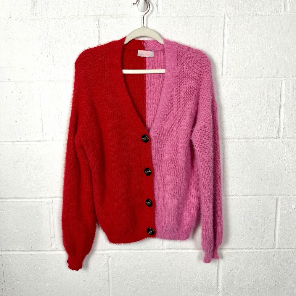 Fuzzy Pink & Red Colorblock Cardigan SZ XL Valentines Girly Maximalist Soft Cozy